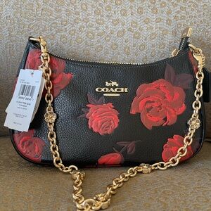 Coach Nolita floral black red rose print gold hardware NWT